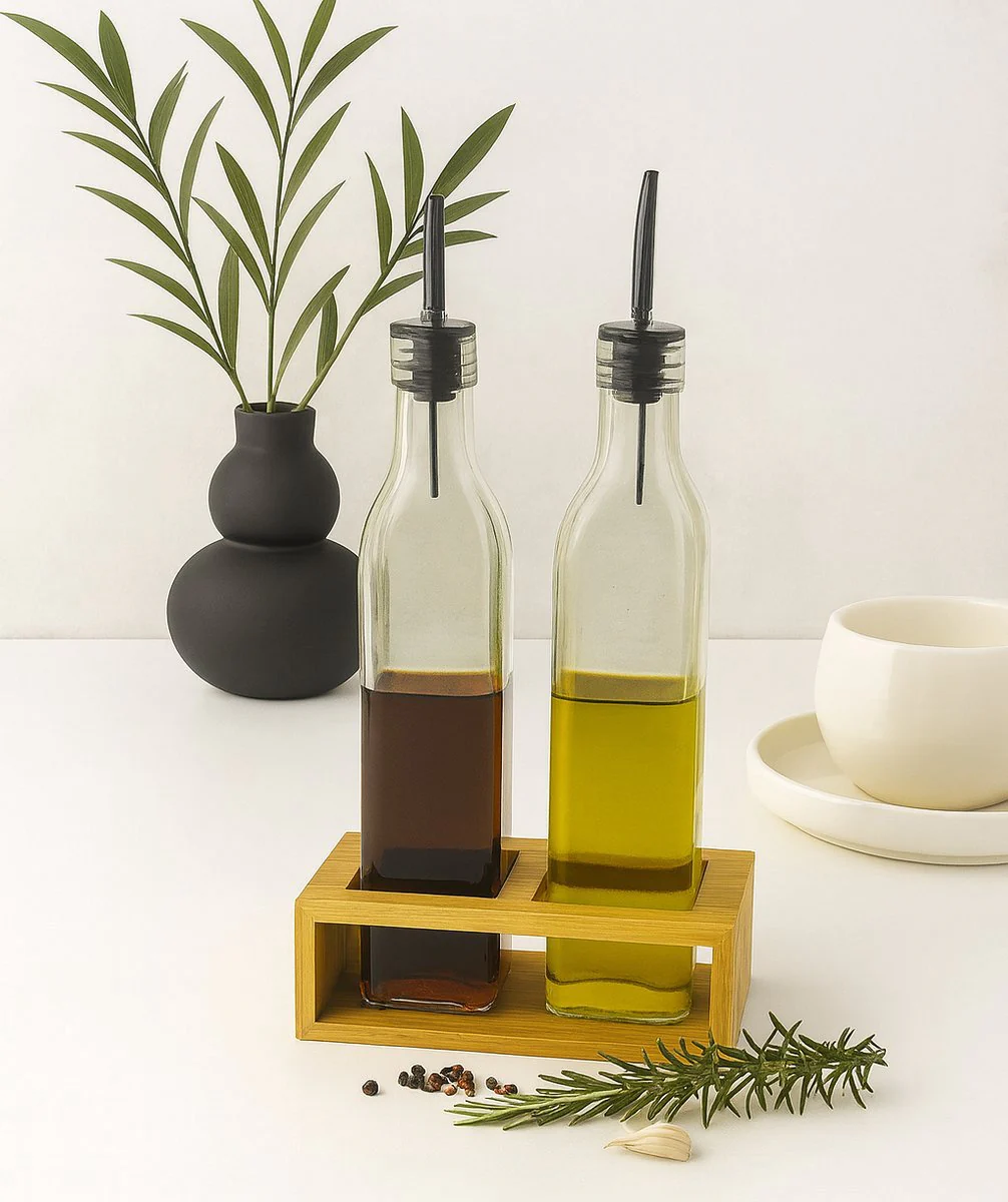 Glozini Olie- en Azijn Set – 3-delig – Glas – Incl. Bamboe Houder – 500ml