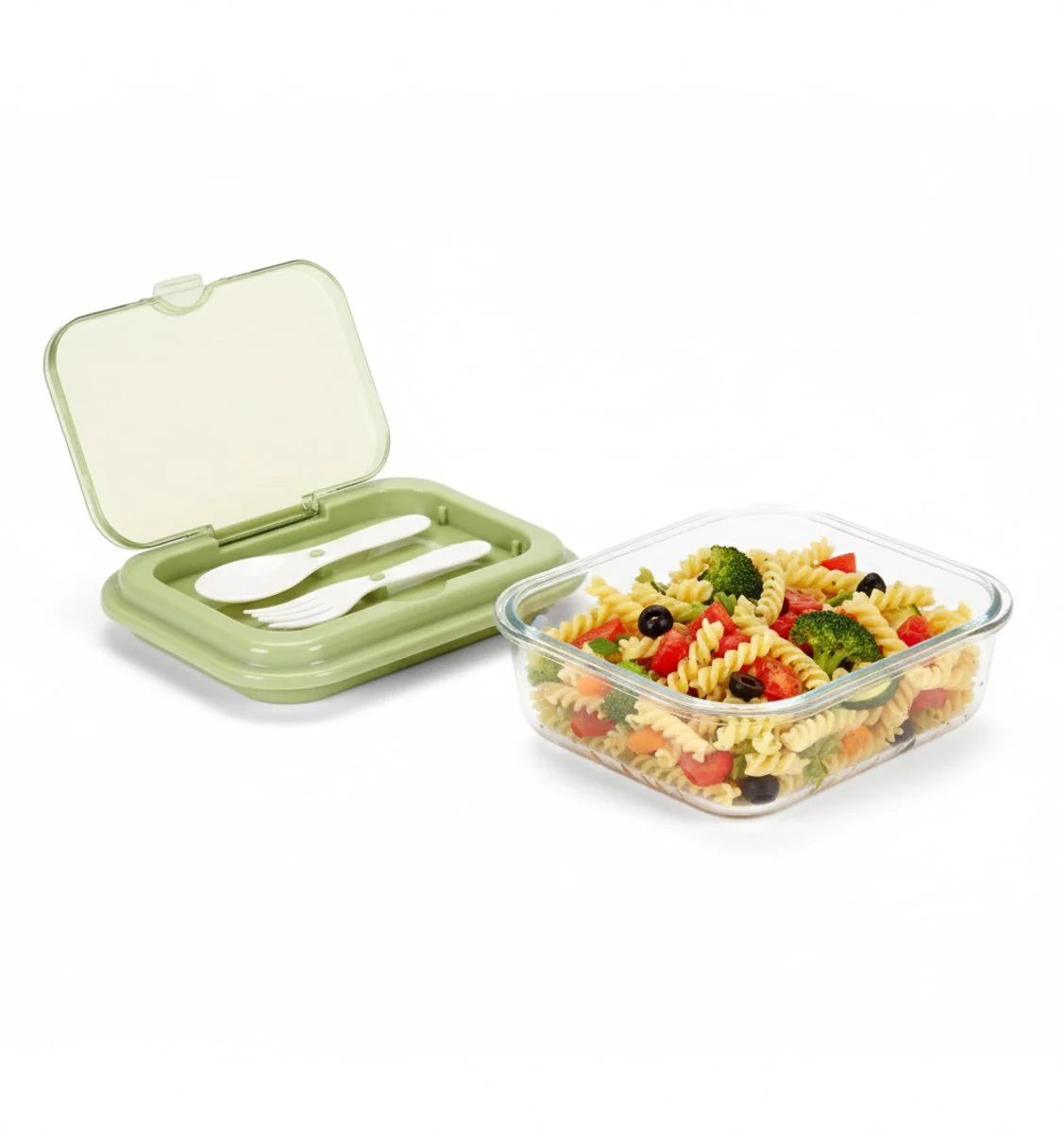 Cheffinger Lunchbox met Bestek – Glas – Groen – Bentobox – Multifunctioneel Voor Werk en School – Meal Prep Bakje