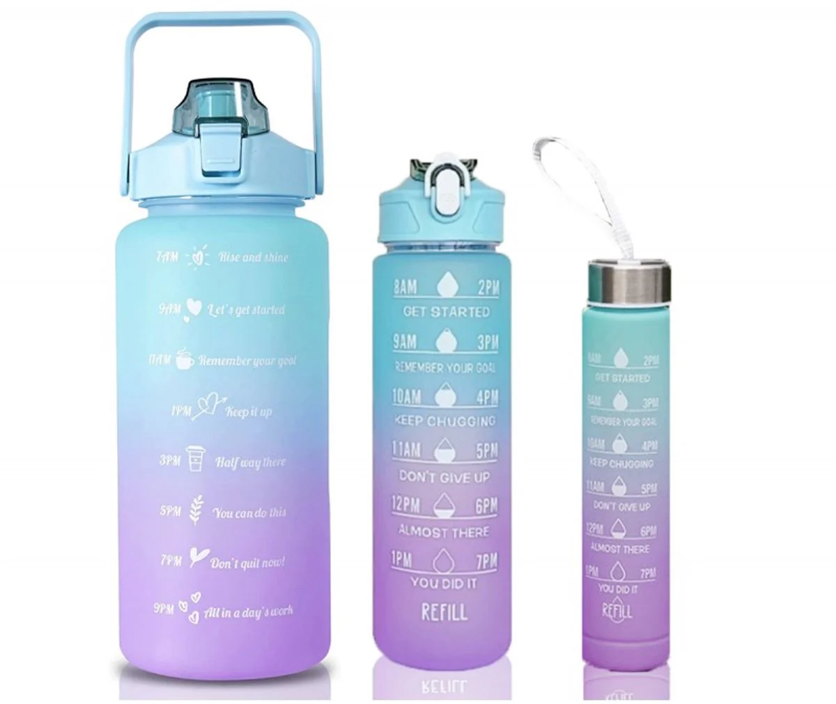 Hauskraft Motivatie Waterfles – 3-delige Set – Blauw/Paars – Drinkfles – Waterfles met Rietje – Waterfles met Tijdmarkering – 2L, 900ml, 500ml