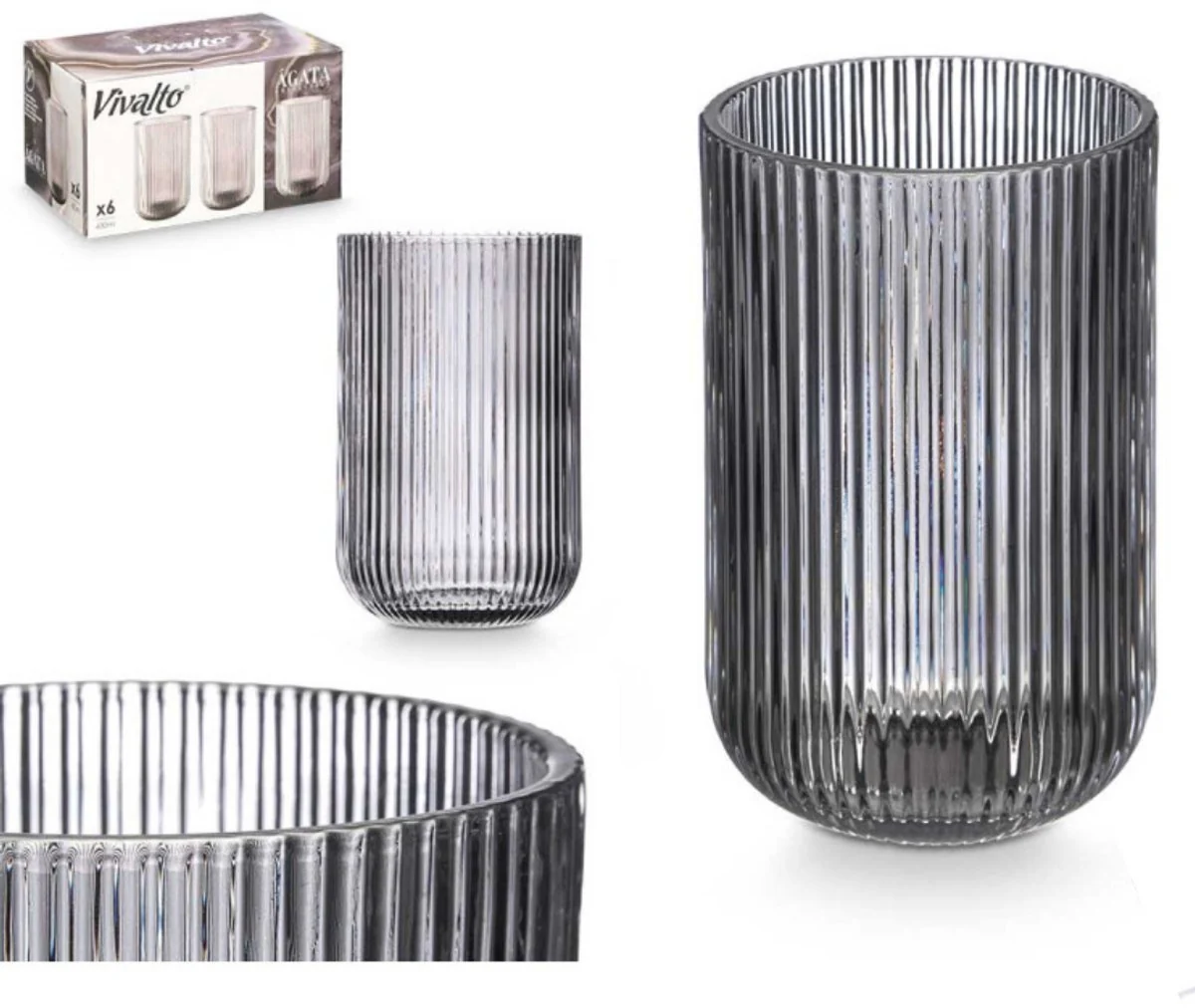 Vivalto Geribbelde Longdrinkglazen – Set van 6 – Zwart – 430ml – Waterglazen – Sapglazen