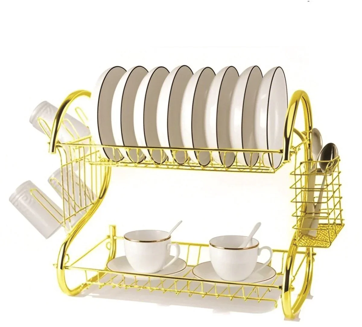 Cheffinger Afdruiprek met Lekbak – 2-laags – Goud – Afwas Druiprek Droogrek Met Bestekmand
