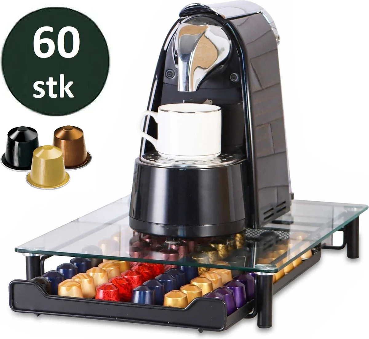 Cheffinger – Nespresso Capsulehouder met Lade – Glas – 60 Cups – Espresso Koffie Pad en Cups Houder – Glas en RVS – Zwart