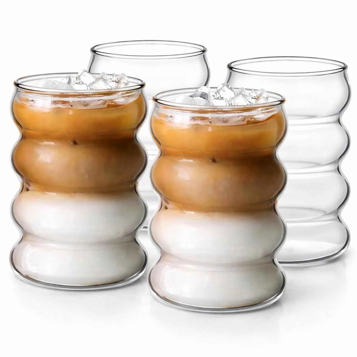 Glozini Wavy Bubbelglazen – 360ml – Set van 4 – Geribbelde Glazen – Bubble Glas – Esthetische Cocktailglazen