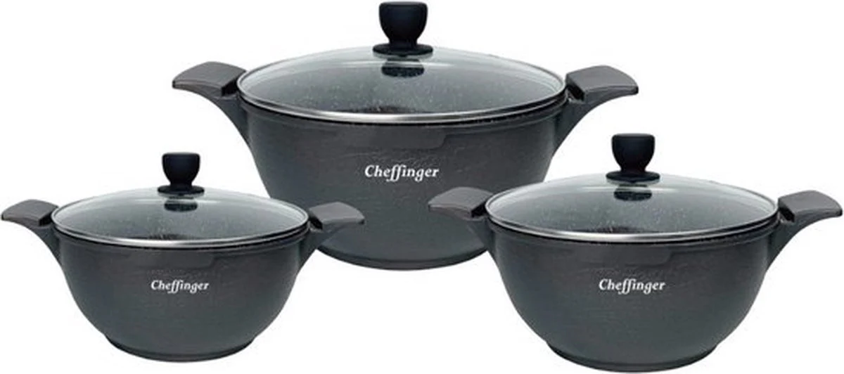 Cheffinger Pannenset – Crocodile Line – 6-delig – 20, 24 & 28cm – Zwart