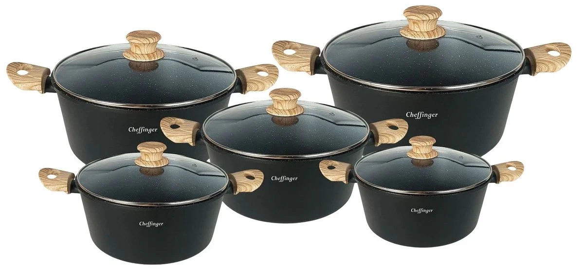Cheffinger Pannenset – 10-delig – Zwart – Inductie – Met Glazen Deksels