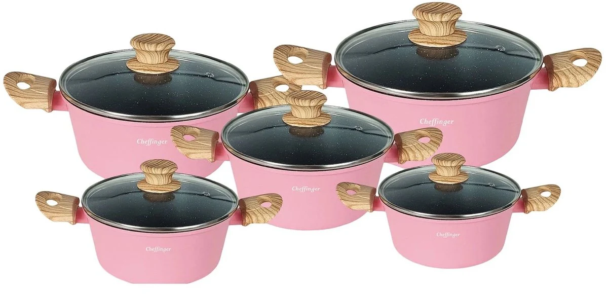 Cheffinger Pannenset – 10-delig – Roze – Inductie – Met Glazen Deksels