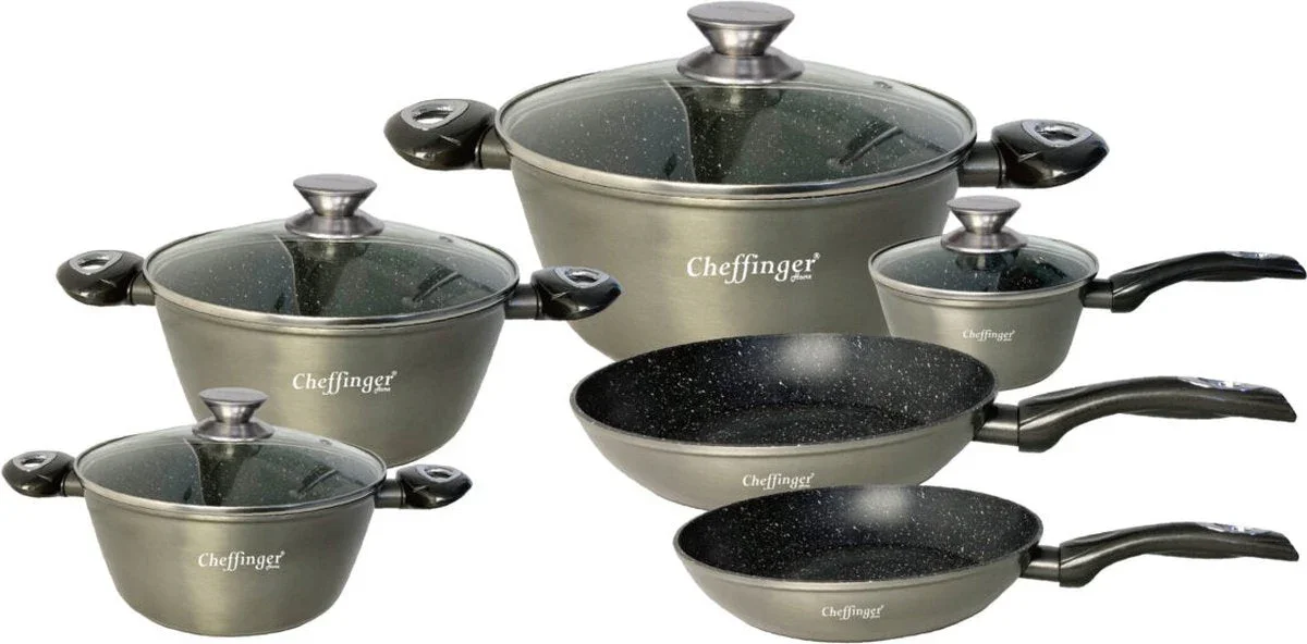 Cheffinger Pannenset – 10-delig – Zilver – Inductie – Met Glazen Deksels