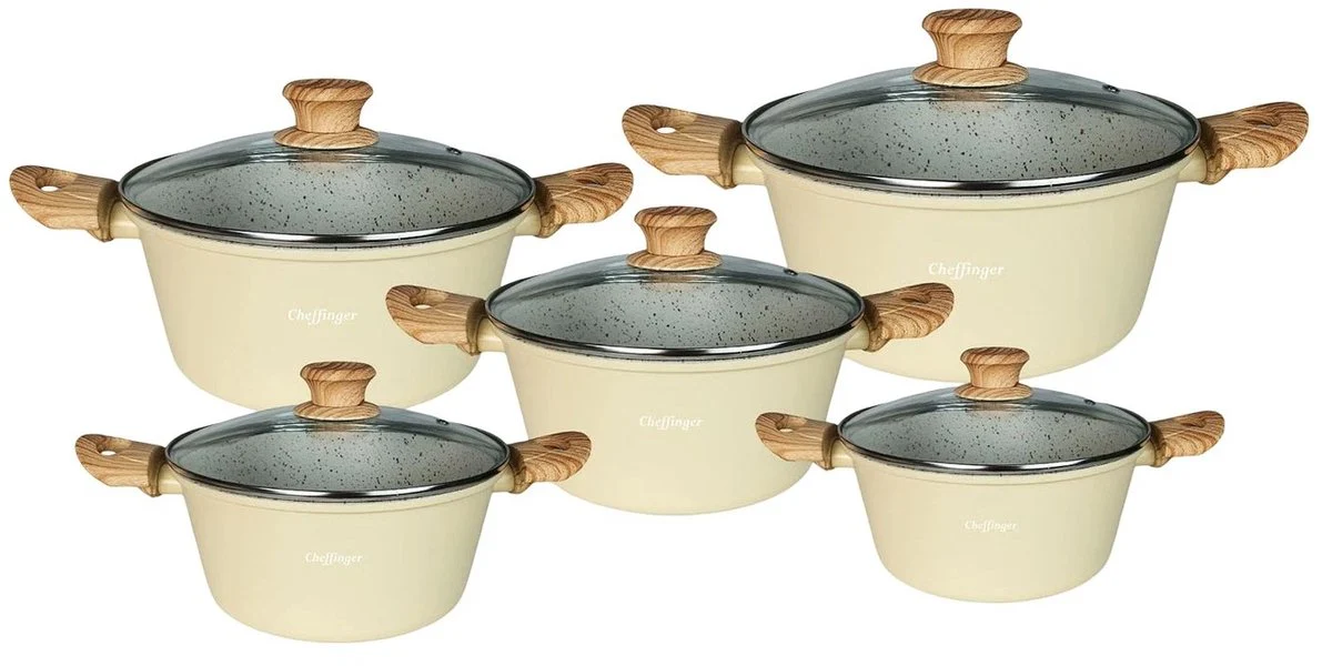Cheffinger Pannenset – 10-delig – Beige – Inductie – Met Glazen Deksels