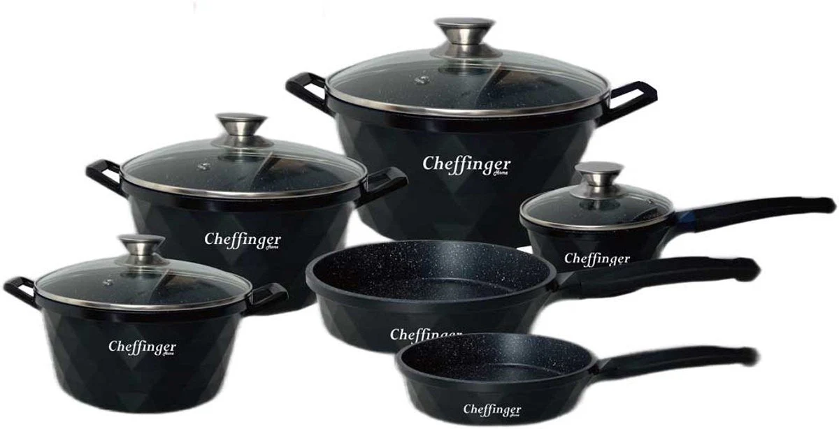 Cheffinger Pannenset – 12-delig – Zwart – Inductie – Met Glazen Deksels