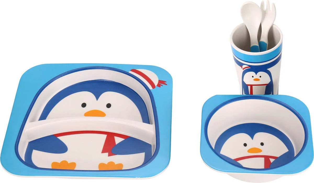 Cheffinger Kinderservies – Pinguïn – Bamboe – 5-delig – Blauw – Baby Servies – Kinderbestek