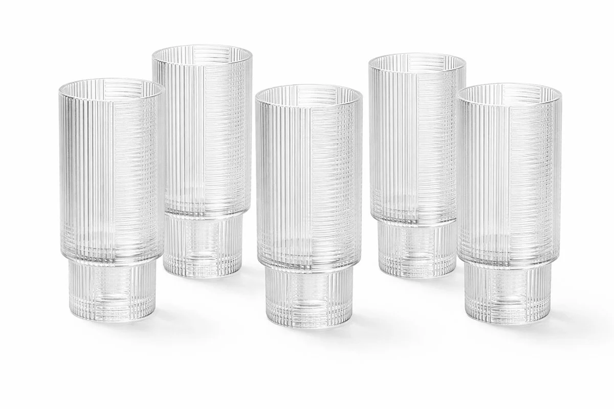 Glozini Eclat – Geribbelde Longdrinkglazen – 330ml – Stapelbaar – 6 Stuks – Matcha Glazen – Latte Glazen – Cocktail Glazen