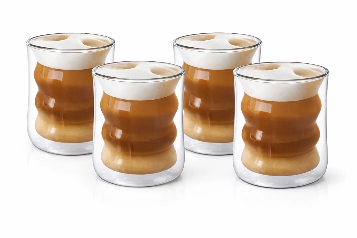Glozini Dubbelwandige Wavy Bubbelglazen – 225ml – Set van 4 – Geribbelde Glazen – Bubble Glas – Esthetische Cocktailglazen