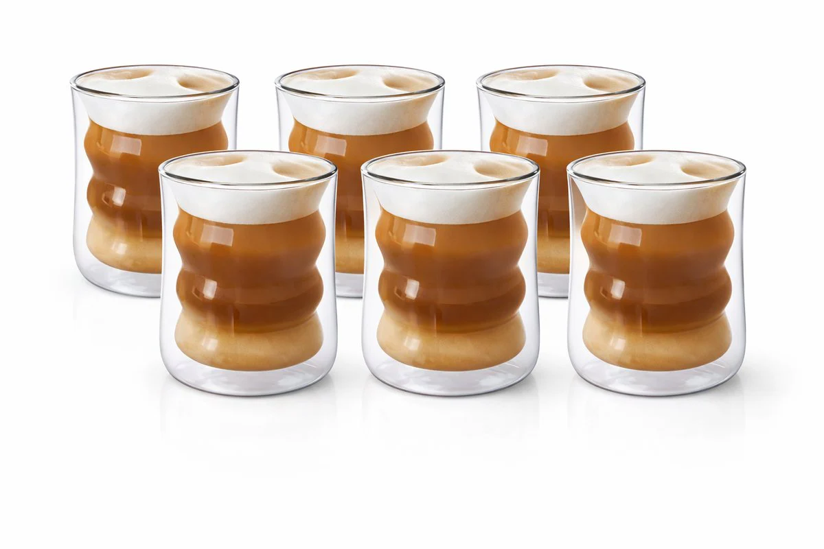 Glozini Dubbelwandige Wavy Bubbelglazen – 225ml – Set van 6 – Geribbelde Glazen – Bubble Glas – Esthetische Cocktailglazen
