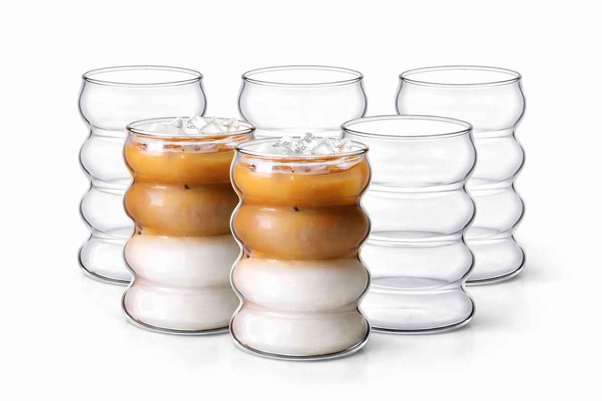 Glozini Wavy Bubbelglazen – 360ml – Set van 6 – Geribbelde Glazen – Bubble Glas – Esthetische Cocktailglazen