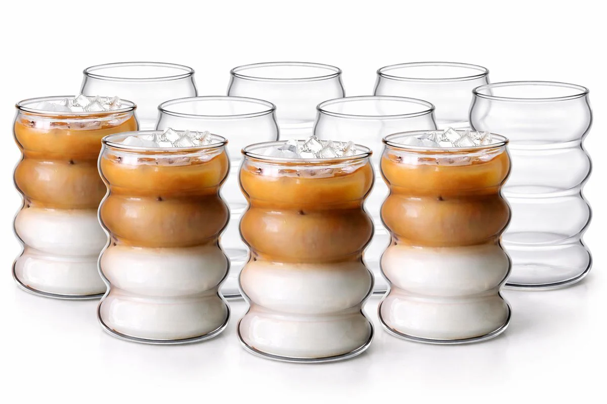 Glozini Wavy Bubbelglazen – 360ml – Set van 8 – Geribbelde Glazen – Bubble Glas – Esthetische Cocktailglazen