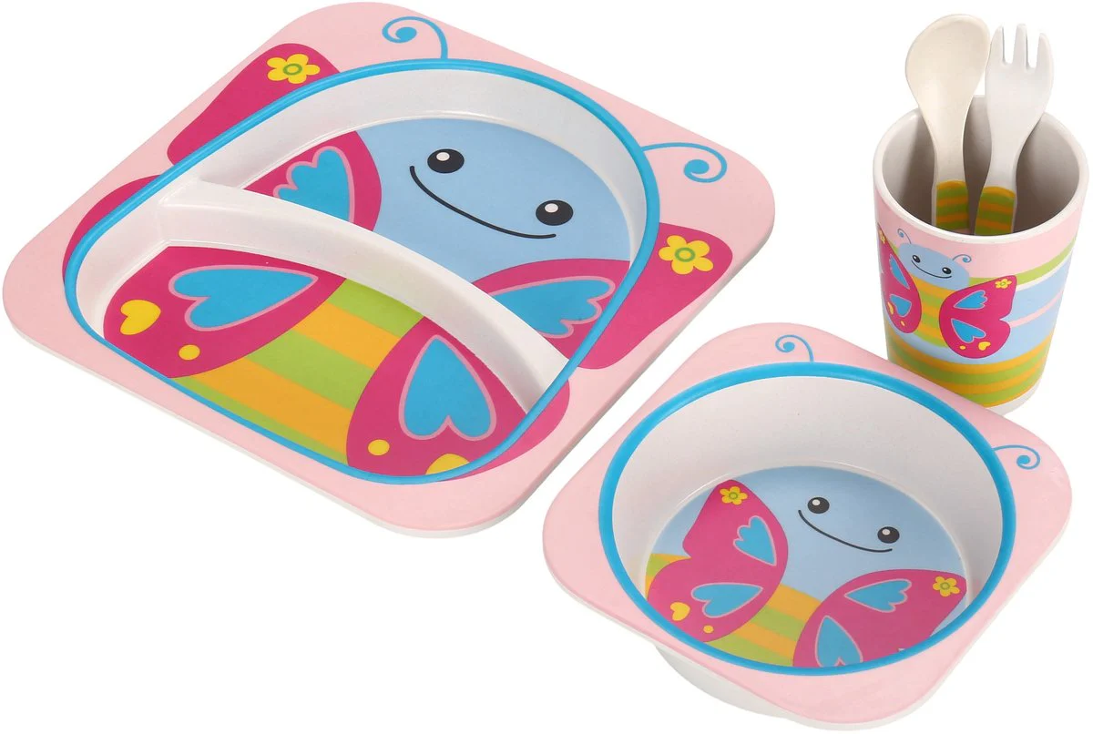 Cheffinger Kinderservies – Vlinder – Roze – 5-delig – Blauw – Baby Servies – Kinderbestek