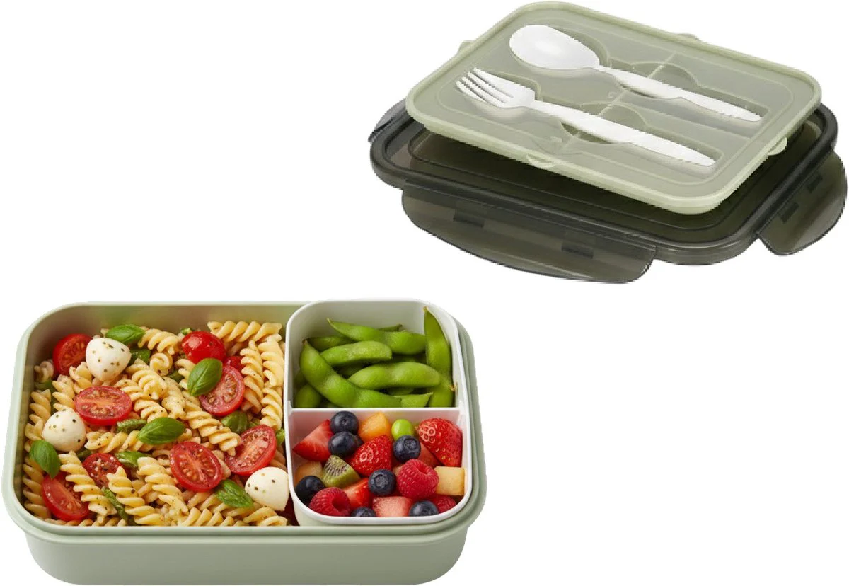 Cheffinger Lunchbox met Bestek – Camouflage Groen – Bentobox – Multifunctioneel Voor Werk en School – Meal Prep Bakje
