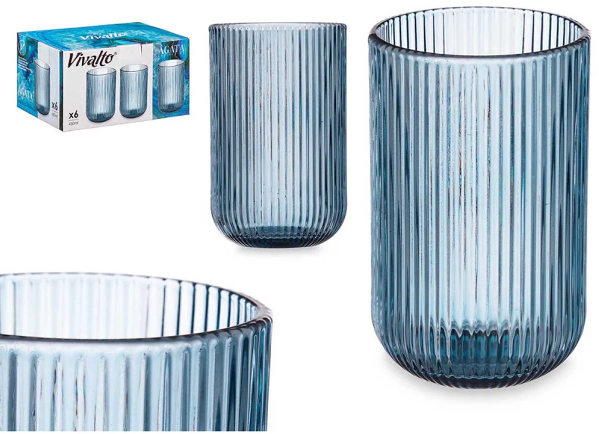 Vivalto Geribbelde Longdrinkglazen – Set van 6 – Blauw – 430ml – Waterglazen – Sapglazen