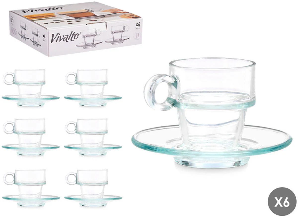 Vivalto Espressomok met Schoteltje – Set van 6 – Glas – 100ml – Kleine Koffiemok