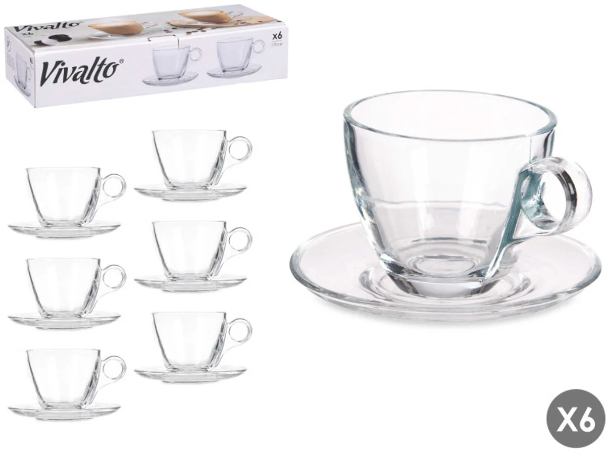 Vivalto Koffiemok met Schoteltje – Set van 6 – Glas – 170ml