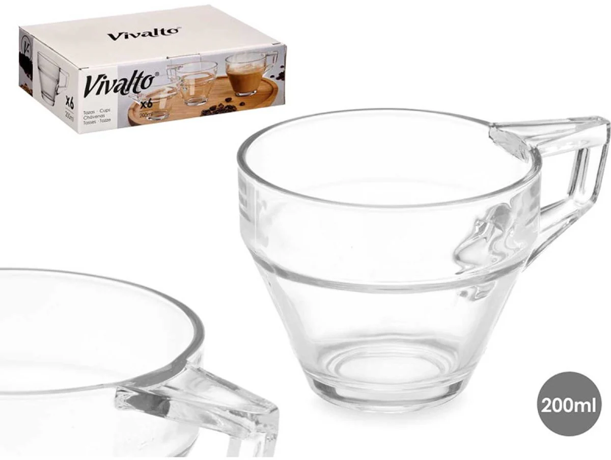 Vivalto Latte Koffieglas met Oor – Set van 6 – 200ml – Theeglas – Koffieglazen – Theeglazen