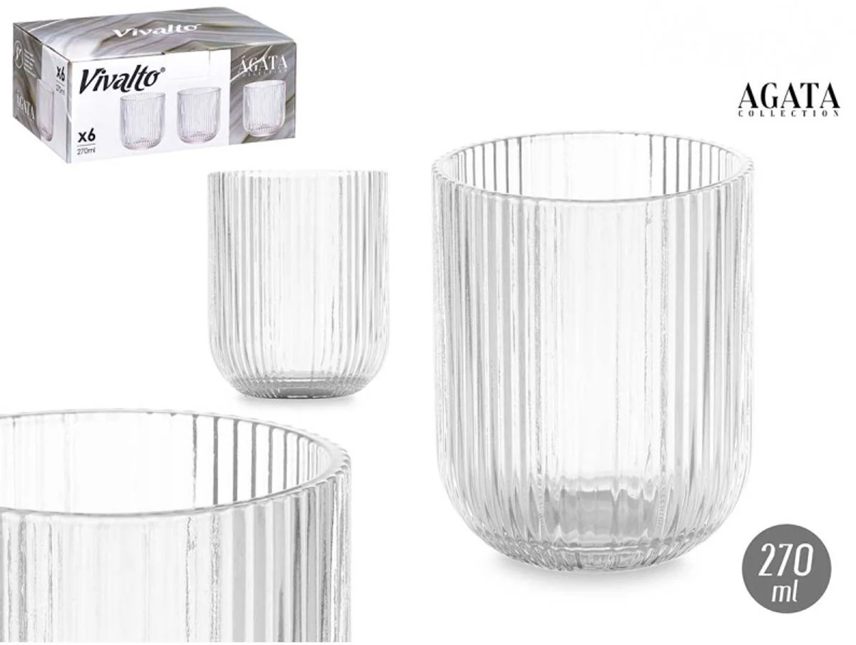 Vivalto Geribbelde Glazen – Set van 6 – 270ml – Waterglazen – Sapglazen