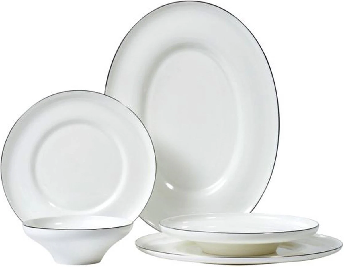 Bricard Macon – Porseleinen Serviesset Set – Dinner Set – 25-Delig – 6-Persoons – Wit/Zilver