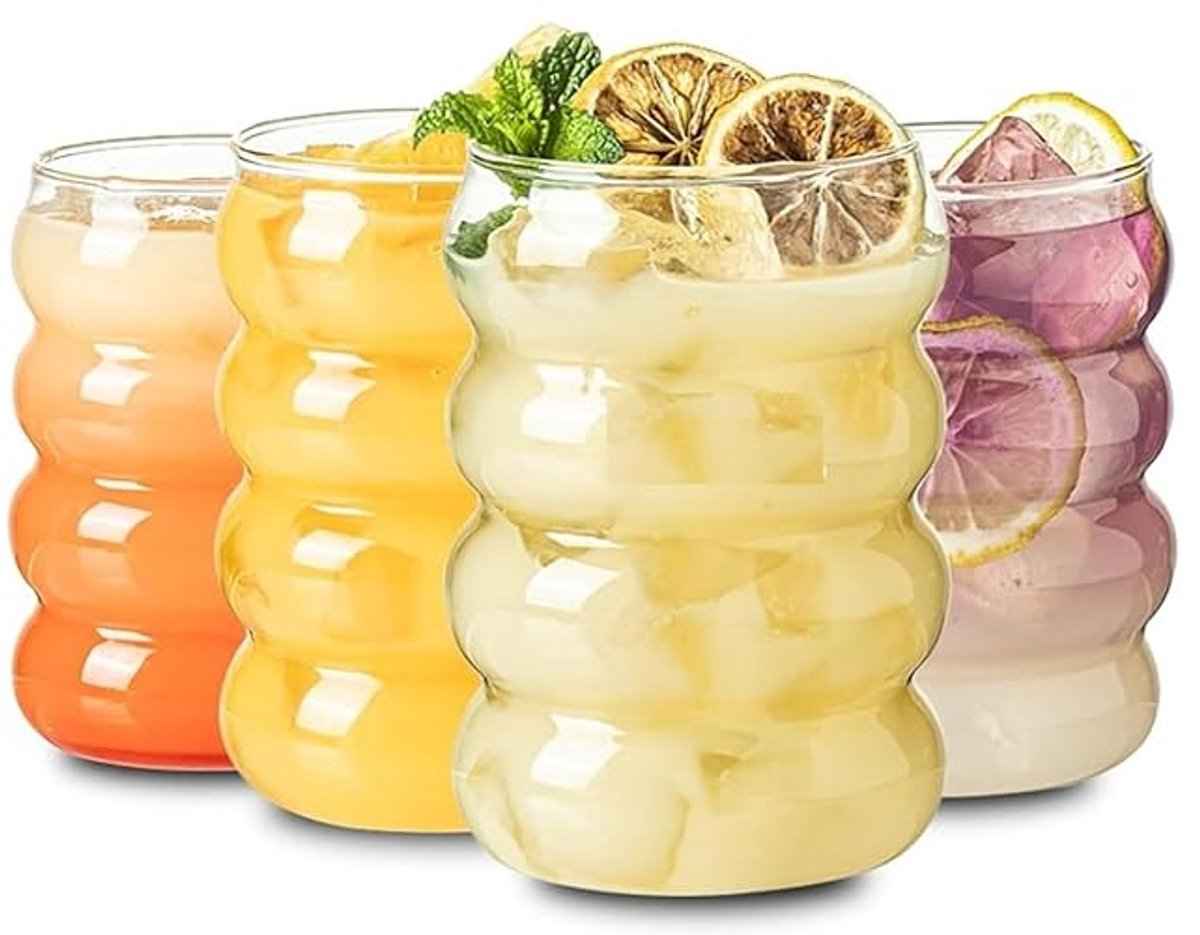Glozini Wavy Bubbelglazen – 360ml – Set van 2 – Geribbelde Glazen – Bubble Glas – Esthetische Cocktailglazen