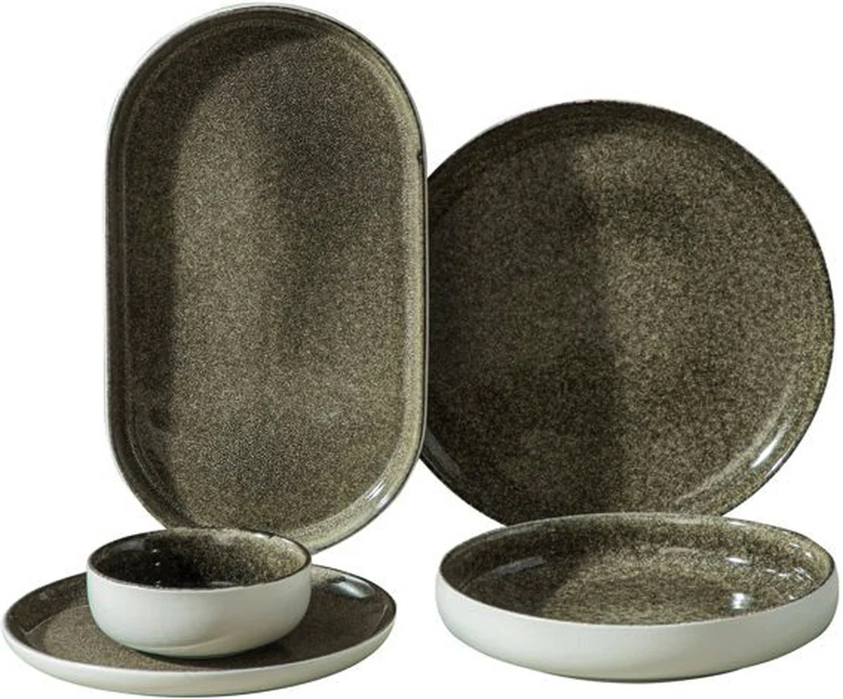 Bricard Pau – Porseleinen Serviesset Set – Dinner Set – 25-Delig – 6-Persoons – Mat Wit/Bruin