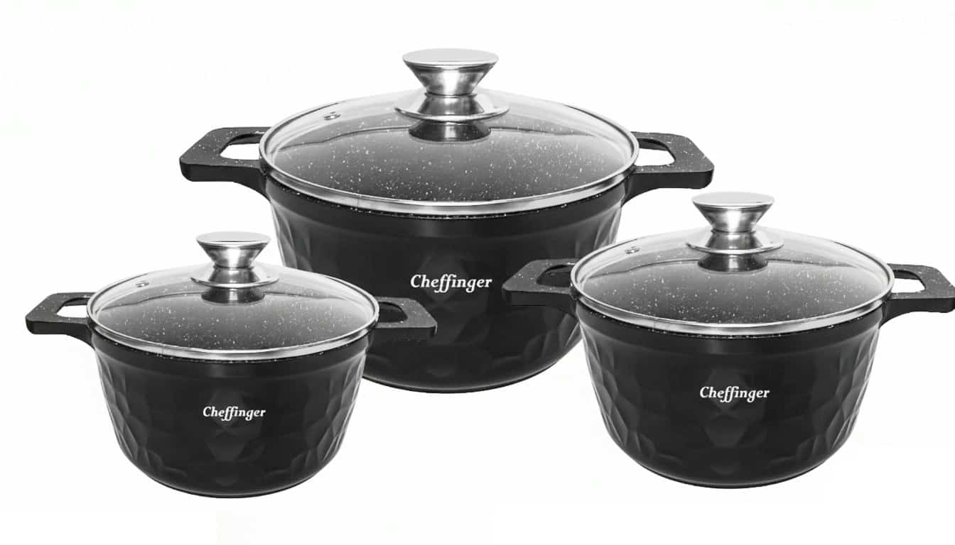 Cheffinger Pannenset – 6-delig – 20, 24 & 28 cm – Zwart