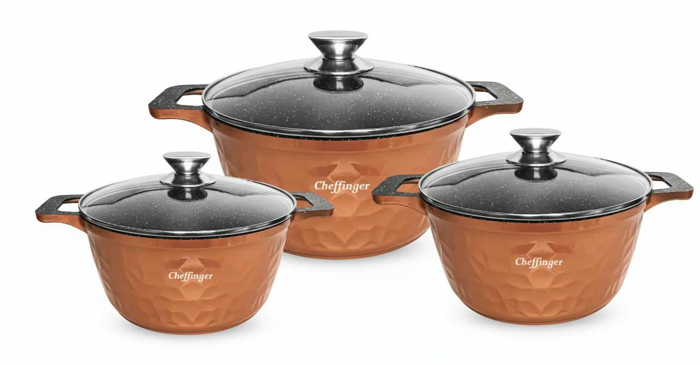Cheffinger Pannenset – 6-delig – 20, 24 & 28 cm – Brons