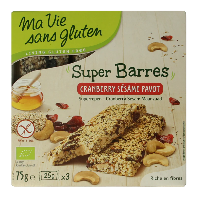 Ma Vie Sans Super repen sesam & cranberry glutenvrij bio 75 Gram