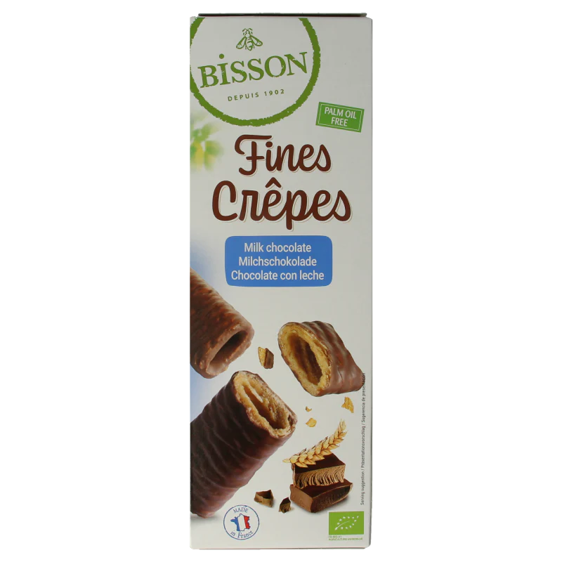 Bisson Krokante wafelrolletjes met melkchocolade bio 90 Gram