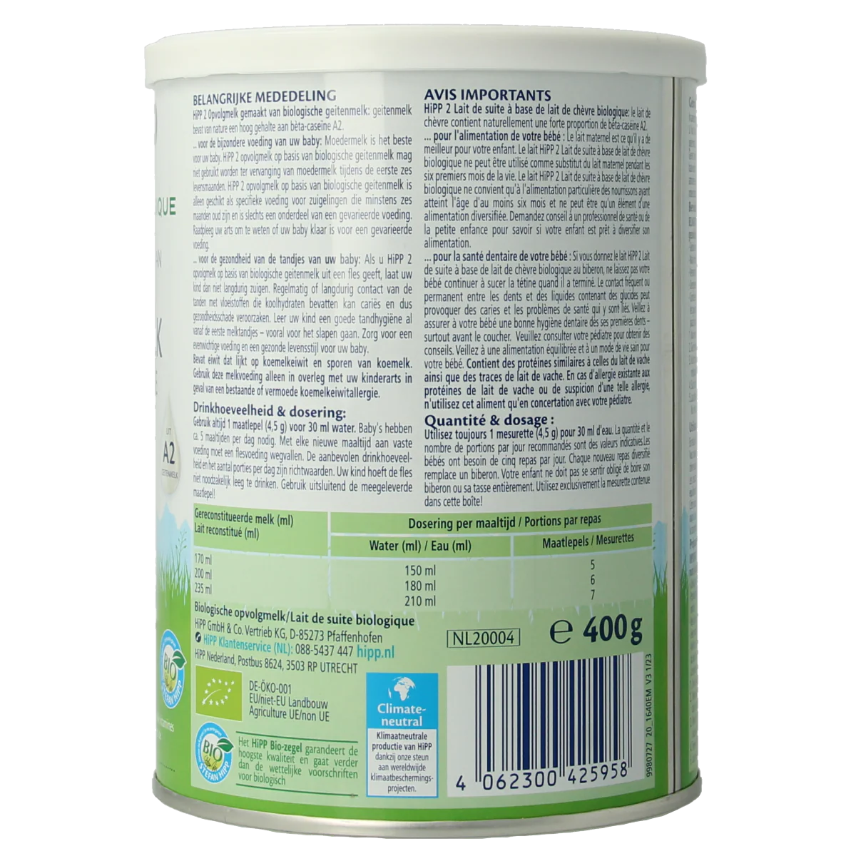 Hipp 2 Biologische opvolgmelk op basis van geitenmelk 400.00 Gram