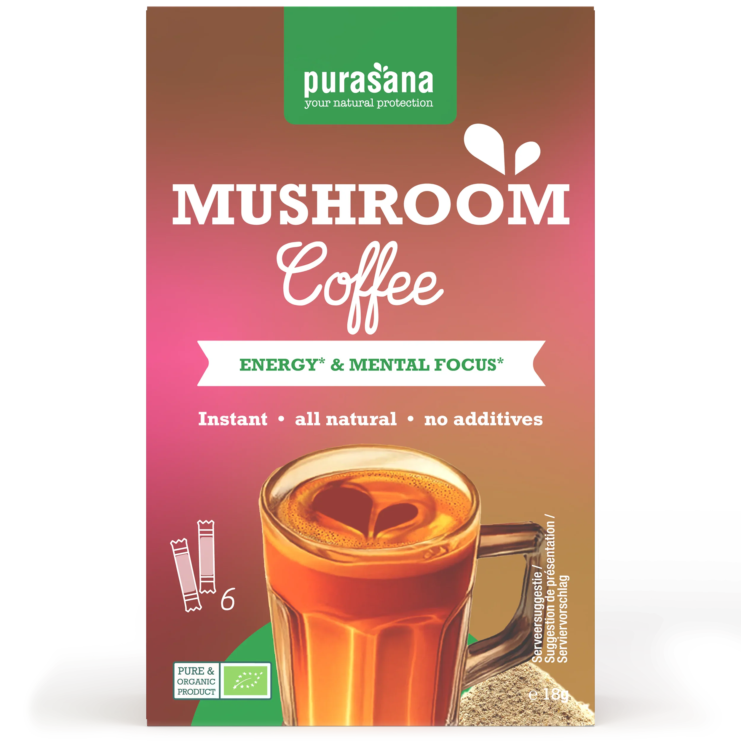 Purasana Instant mushroom coffee 6x3g bio 18 Gram