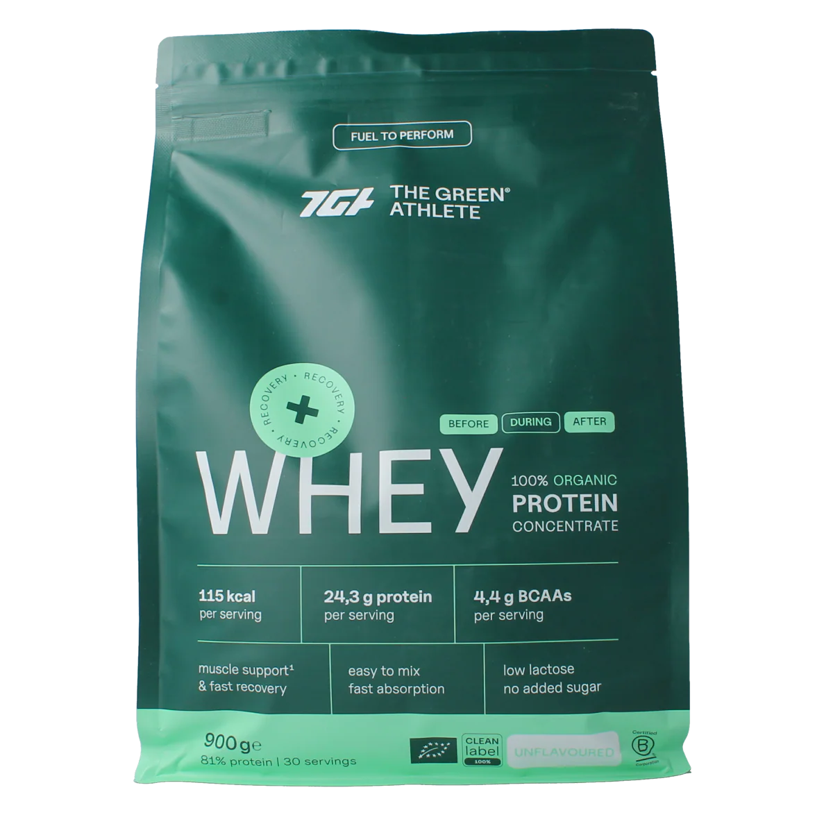 The Green Athlete Whey protein concentrate unflavoured bio 900.00 Gram