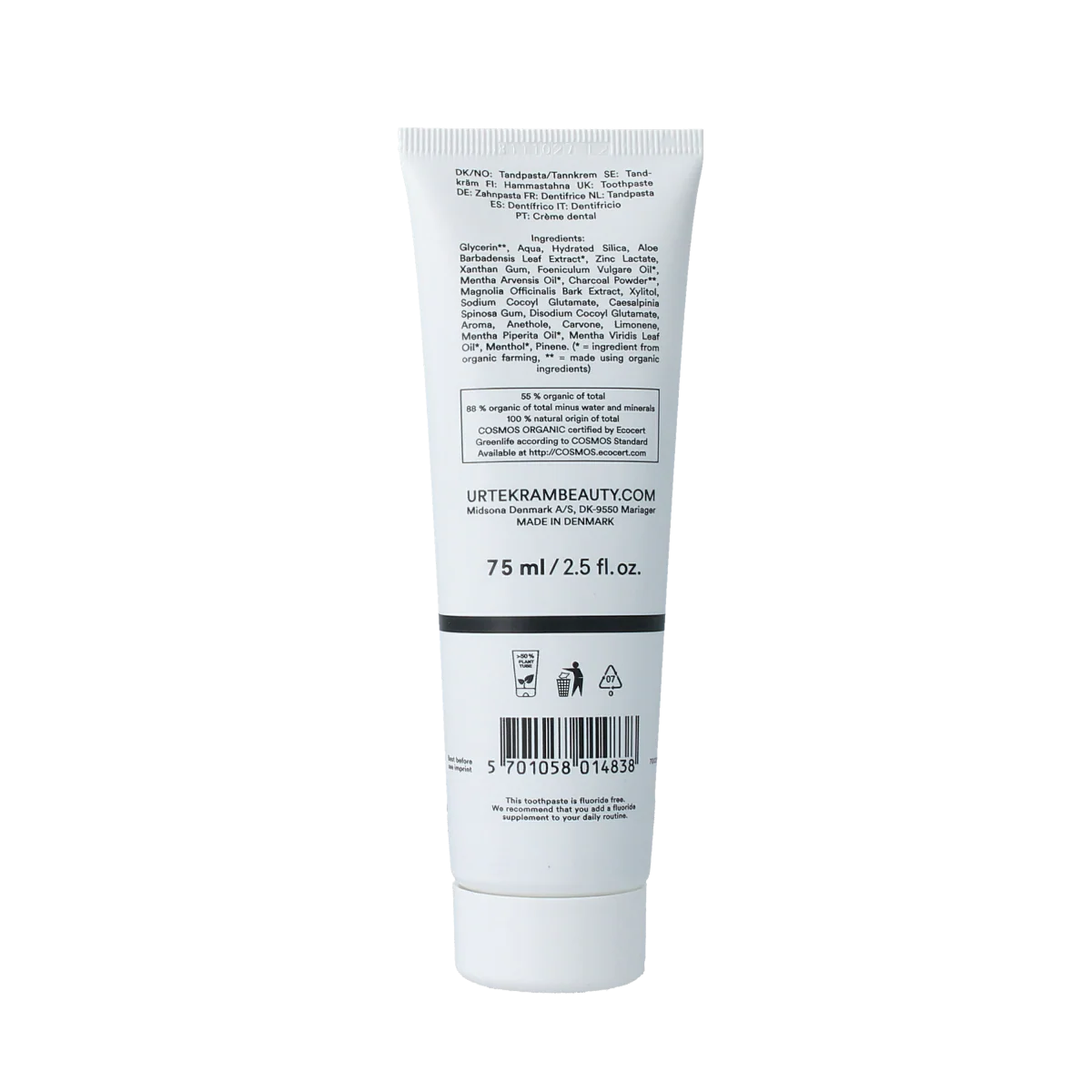 Urtekram Tandpasta actieve kool bio 75.00 Milliliter