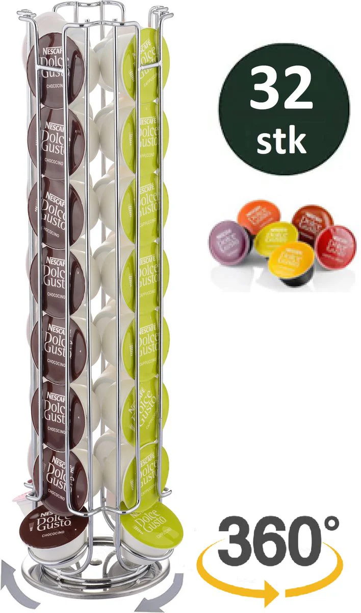 Cheffinger – Dolce Gusto Capsulehouder – 360° draaibaar – 32 Cups – Cuphouder – Koffiecups Houder – Zilver