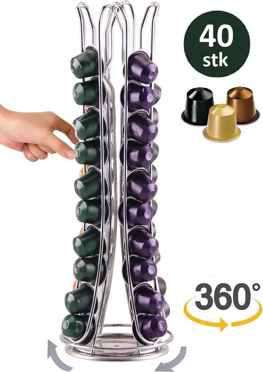 Cheffinger – Nespresso Capsulehouder – 360° draaibaar – 40 Cups – Cuphouder – Koffiecups Houder – Zilver
