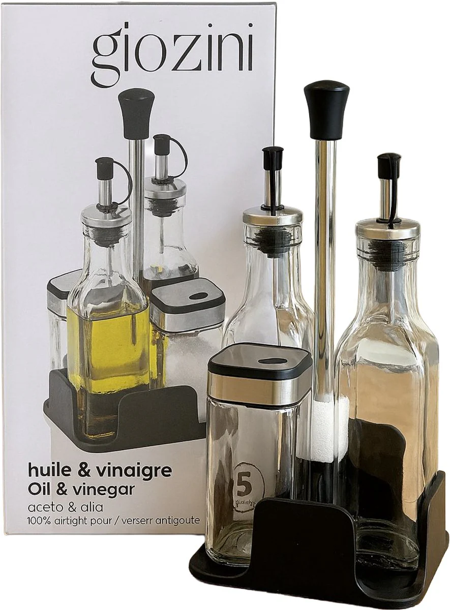 Glozini Olie- en Azijn Set met Zout & Peper – 5-delig – Glas & RVS – Incl. Houder