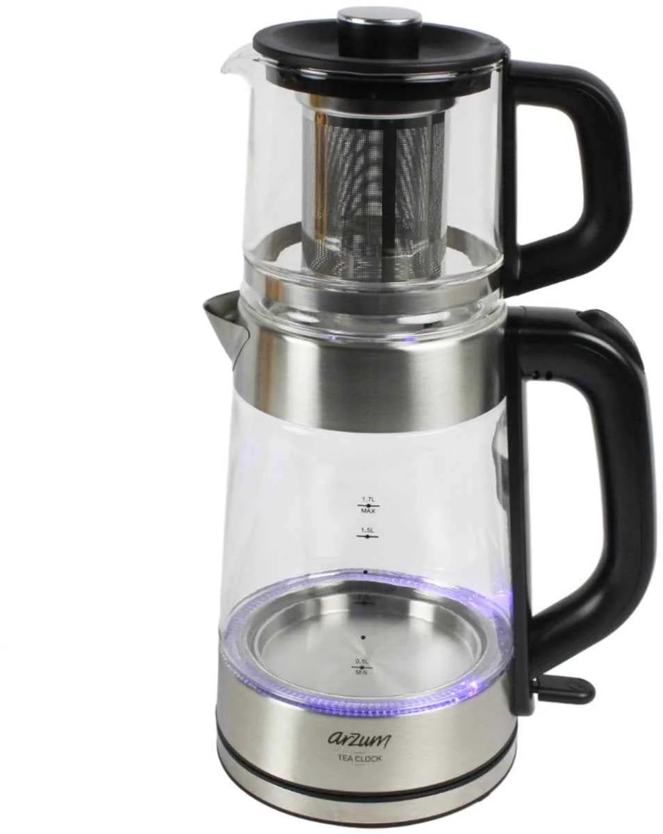 Arzum Tea Clock Elektrische Theepot AR3154-0600 | Glas – 1.7L + 1.0L – 360° basis – 2200W