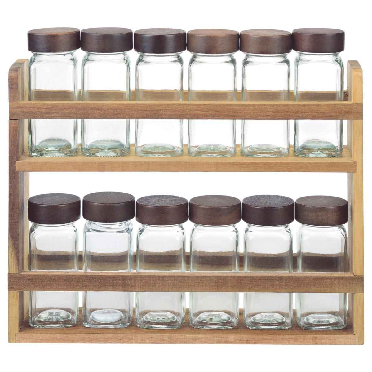 Bricard Kruidenrek met 12 Glazen Kruidenpotjes – Glas/Acacia Hout – 31x7x27cm – 13-delig