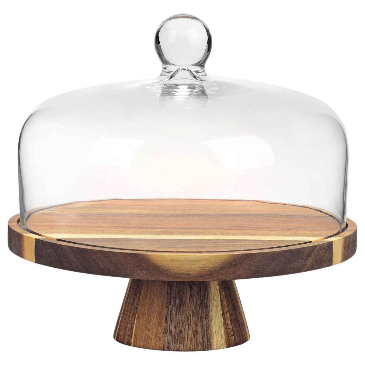 Bricard Taartplateau met Stolp – Glas/Acacia Hout – Ø28cm – Patisseriebord op Voet