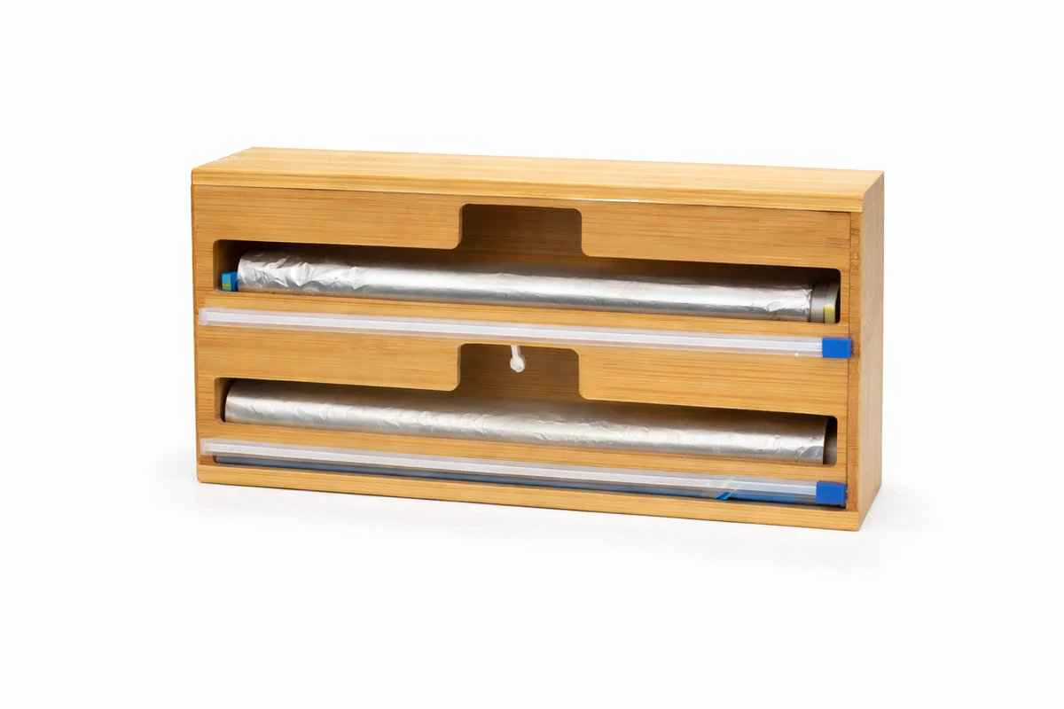 Cheffinger Vershoudfolie & Aluminiumfolie Dispenser – Bamboe – Wrap Dispenser – Bakpapier – Plastic – Keukenrol – Vershoudfolie – 2-in-1 Organizer
