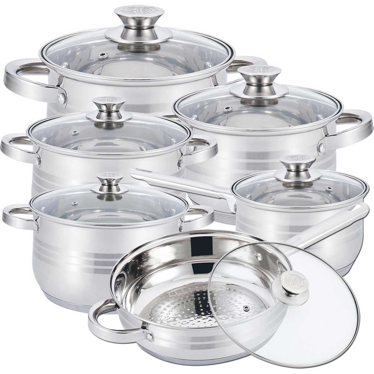 Kadirelli Pannenset met Glazen Deksel – 12-delig – RVS – Inductie – Zilver