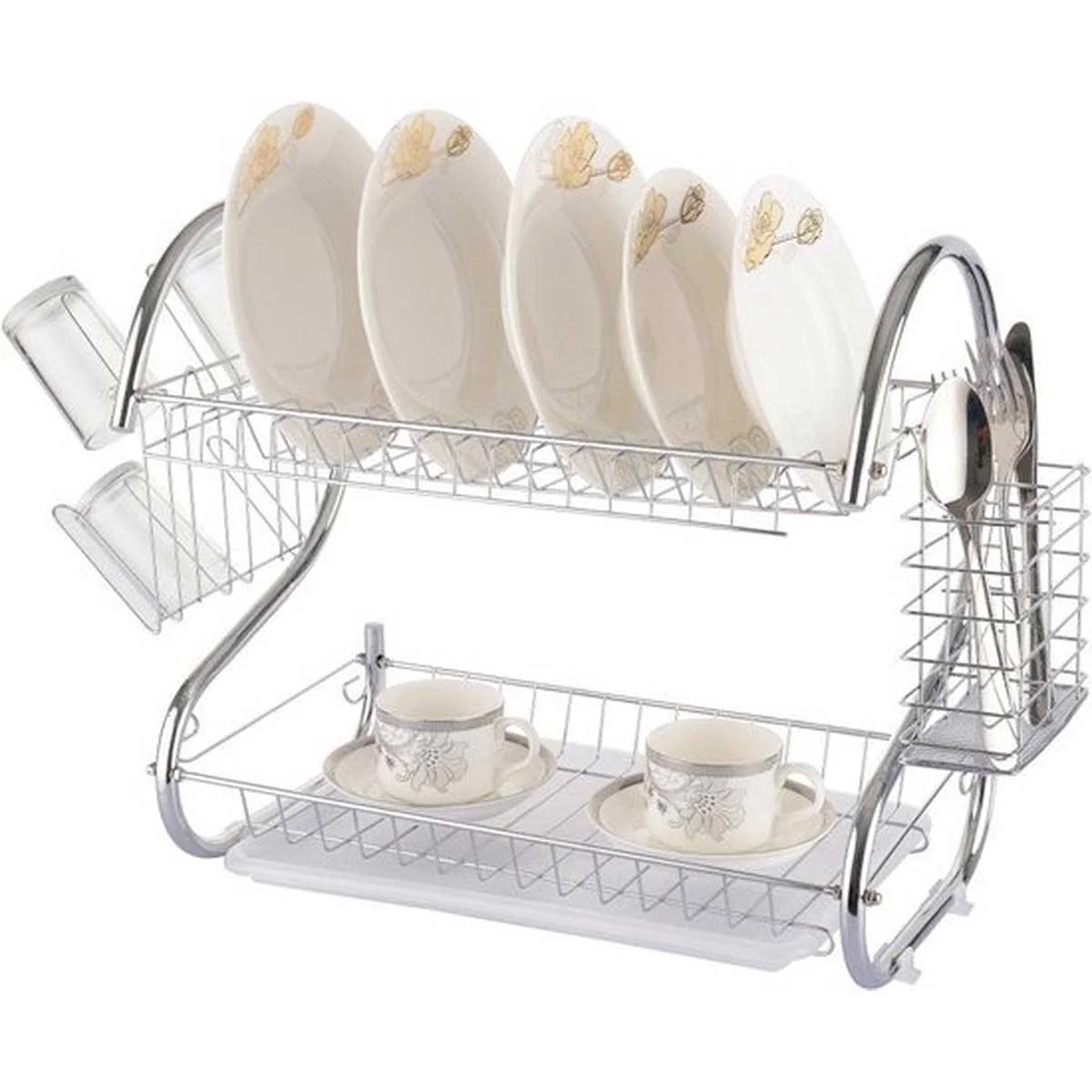 Cheffinger Afdruiprek Met Lekbak – Zilver – 2 Etages – Afwas Druiprek Droogrek Met Bestekmand – RVS