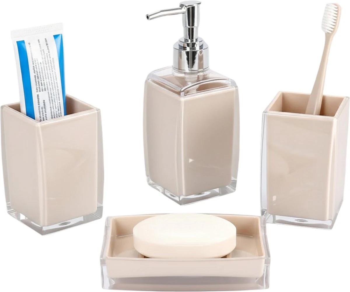 Cheffinger Badkameraccessoireset – 4-delig – Beige – Zeepdispenser – Tandenborstelbeker – Zeepbakje – Beker