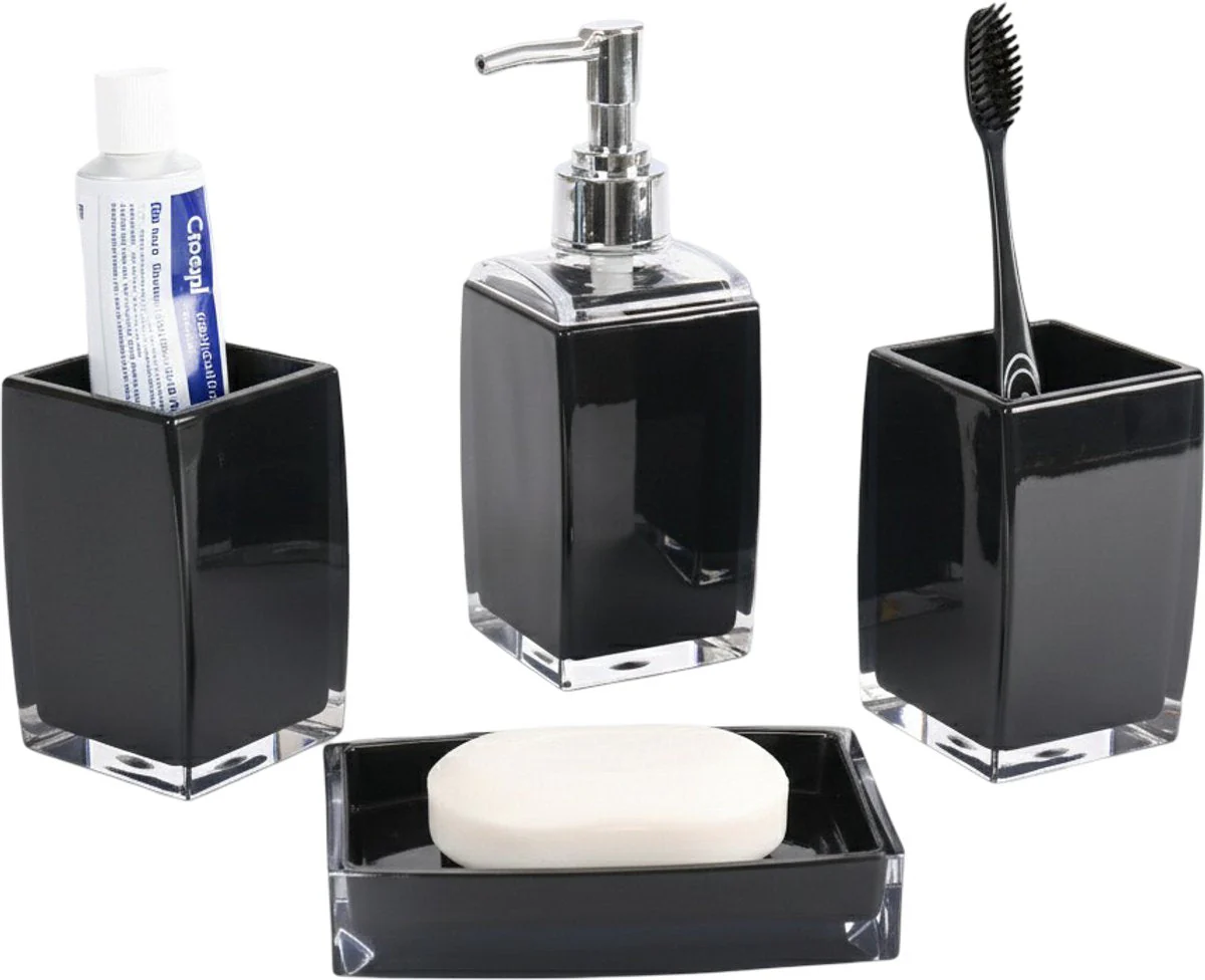 Cheffinger Badkameraccessoireset – 4-delig – Zwart – Zeepdispenser – Tandenborstelbeker – Zeepbakje – Beker