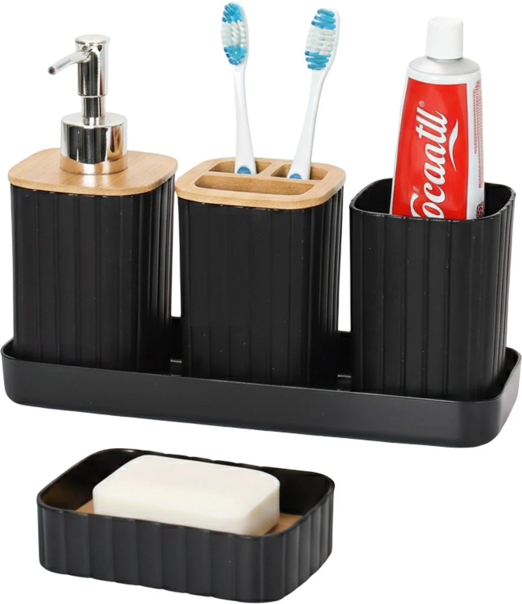 Cheffinger Badkameraccessoireset – 5-delig – Zwart – Zeepdispenser – Tandenborstelbeker – Zeepbakje – Beker – Houder