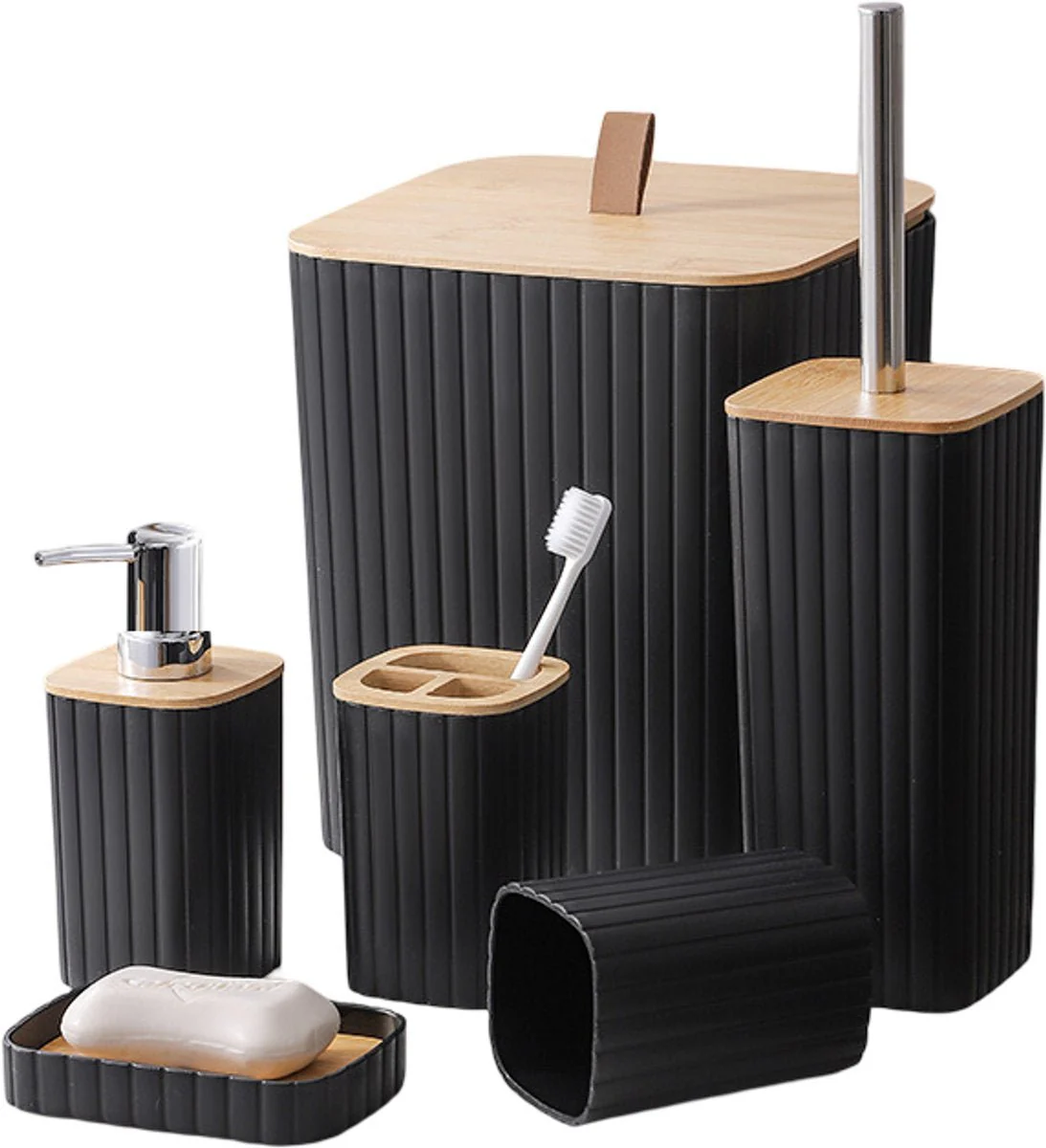 Cheffinger Badkameraccessoireset – 6-delig – Zwart – Zeepdispenser – Tandenborstelbeker – Zeepbakje – Beker – WC-borstel – Afvalemmer